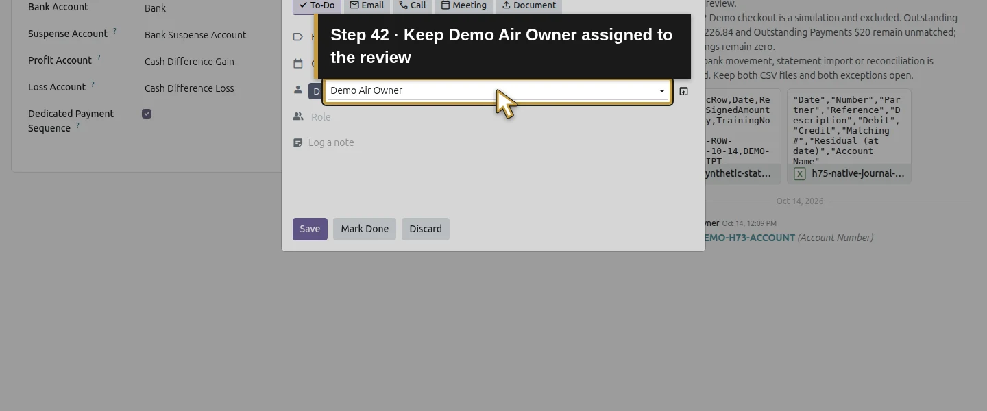 Action 42: Keep Demo Air Owner assigned to the review. The actual target is highlighted in gold.