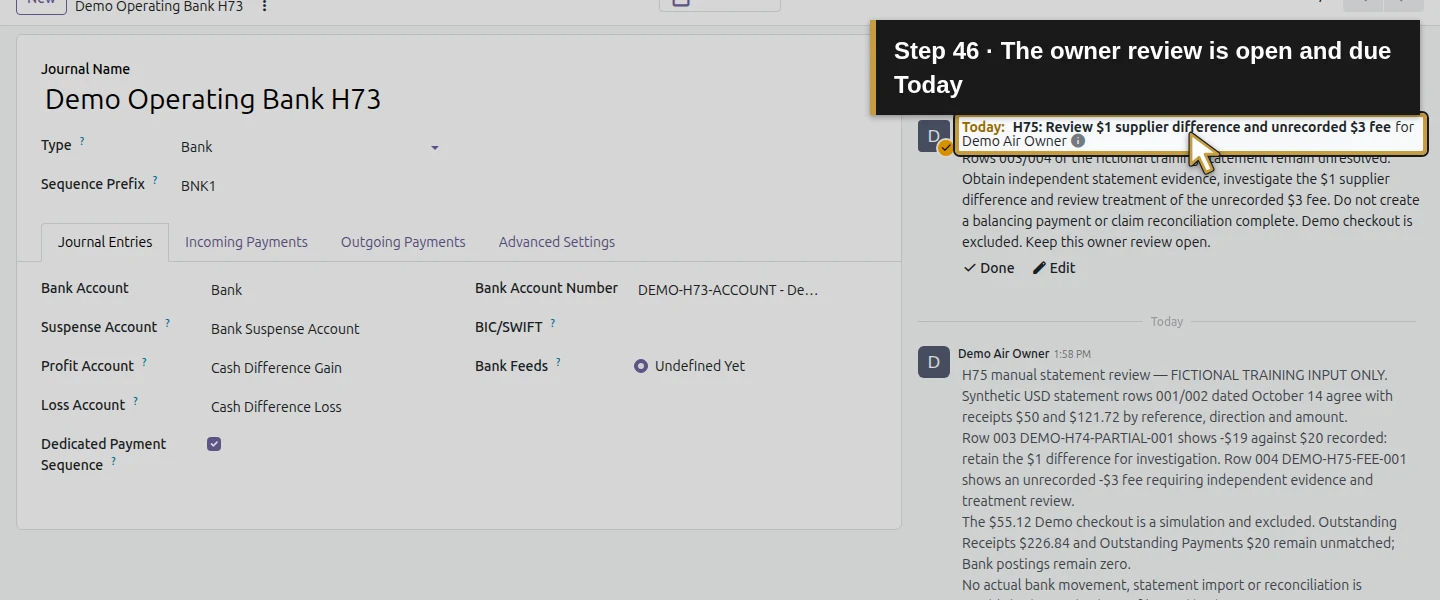 Action 46: The owner review is open and due Today. The actual target is highlighted in gold.