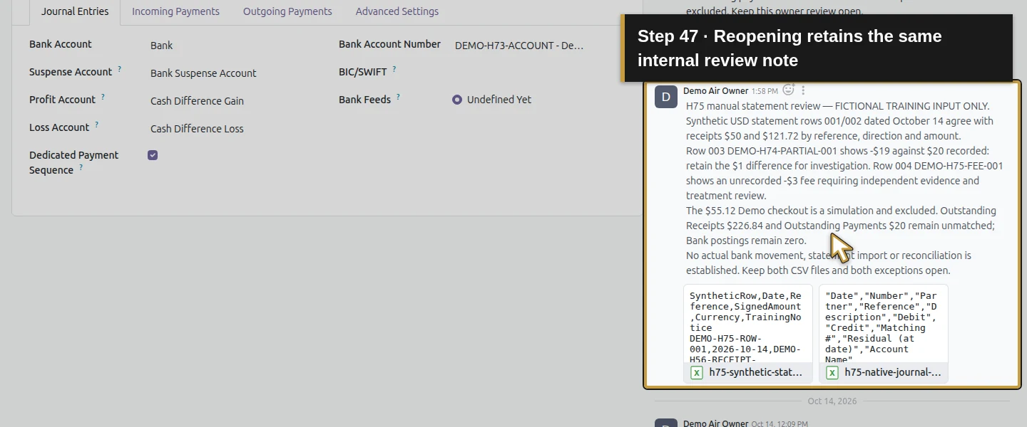 Action 47: Reopening retains the same internal review note. The actual target is highlighted in gold.