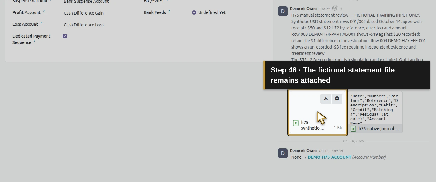 Action 48: The fictional statement file remains attached. The actual target is highlighted in gold.