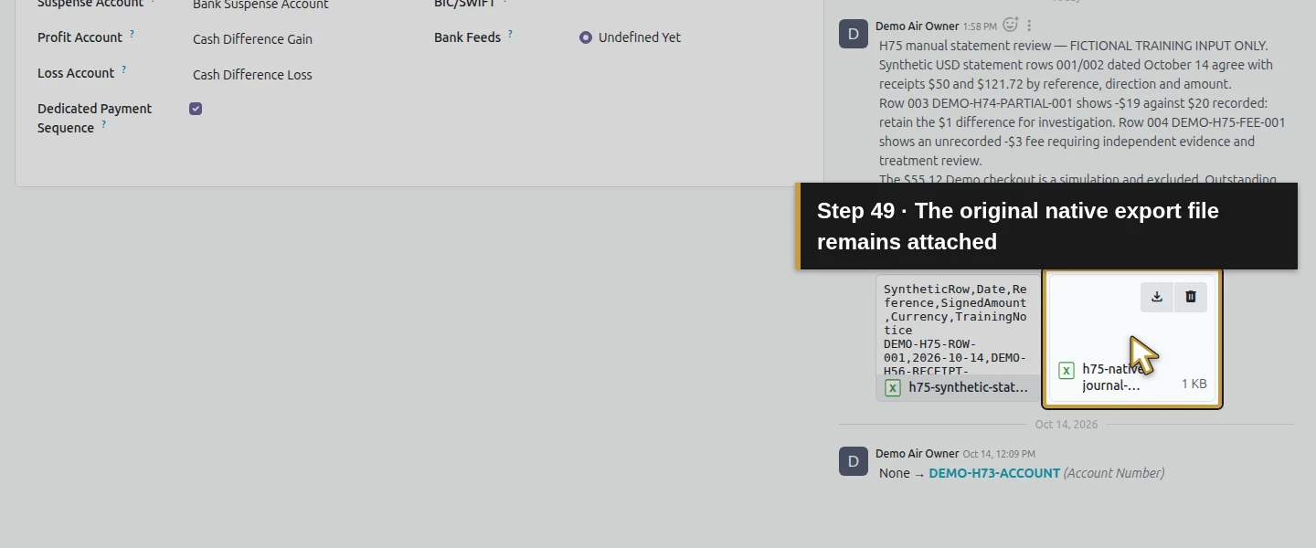 Action 49: The original native export file remains attached. The actual target is highlighted in gold.