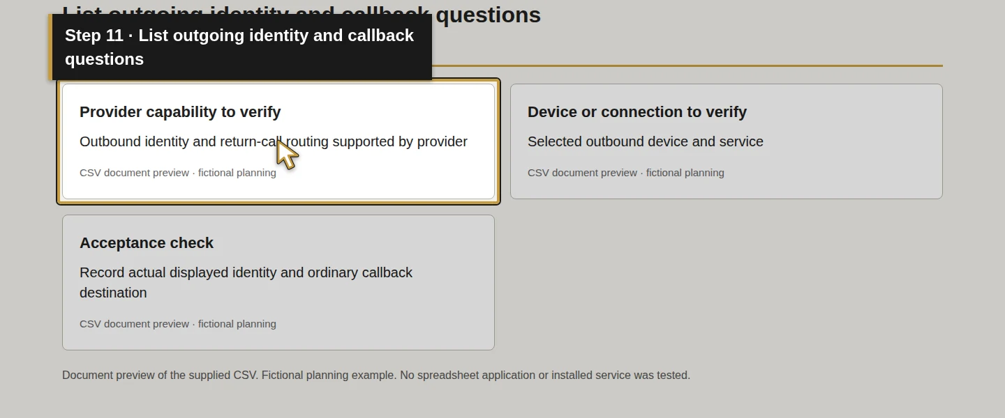 Worksheet field 11: List outgoing identity and callback questions. The actual target is highlighted in gold.