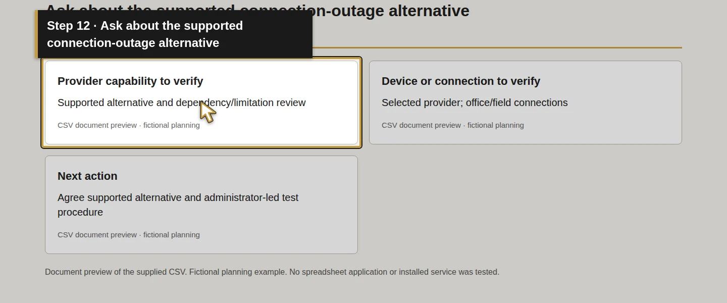 Worksheet field 12: Ask about the supported connection-outage alternative. The actual target is highlighted in gold.