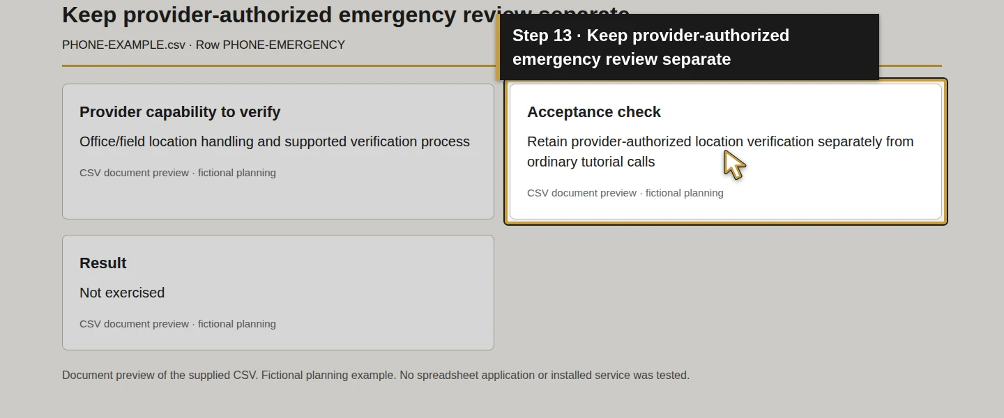 Worksheet field 13: Keep provider-authorized emergency review separate. The actual target is highlighted in gold.