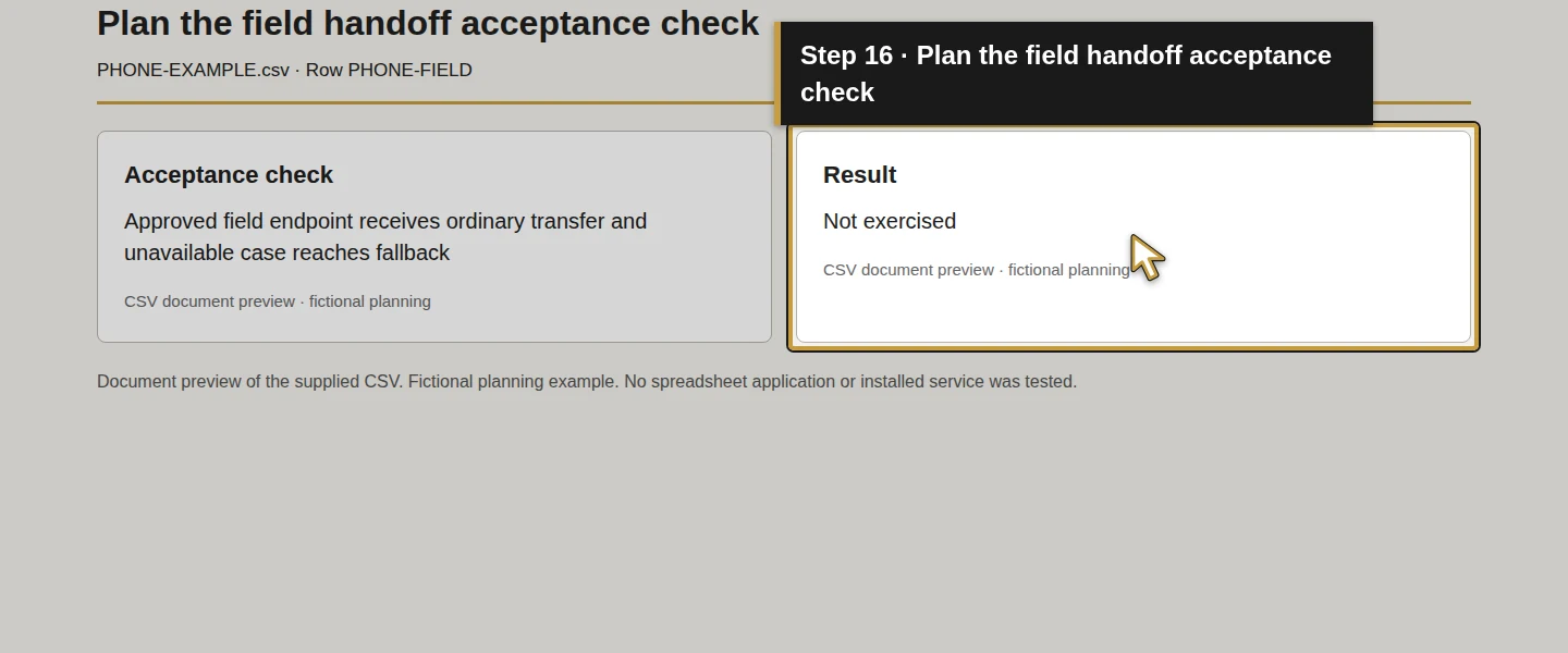 Worksheet field 16: Plan the field handoff acceptance check. The actual target is highlighted in gold.
