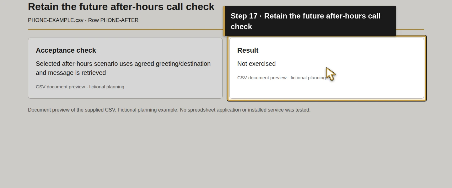 Worksheet field 17: Retain the future after-hours call check. The actual target is highlighted in gold.