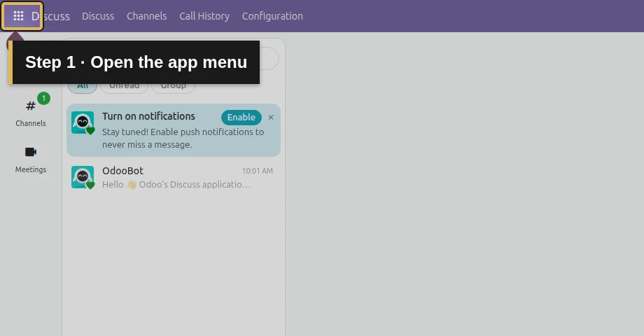 Step 1: Open the app menu. The exact control is outlined in gold.