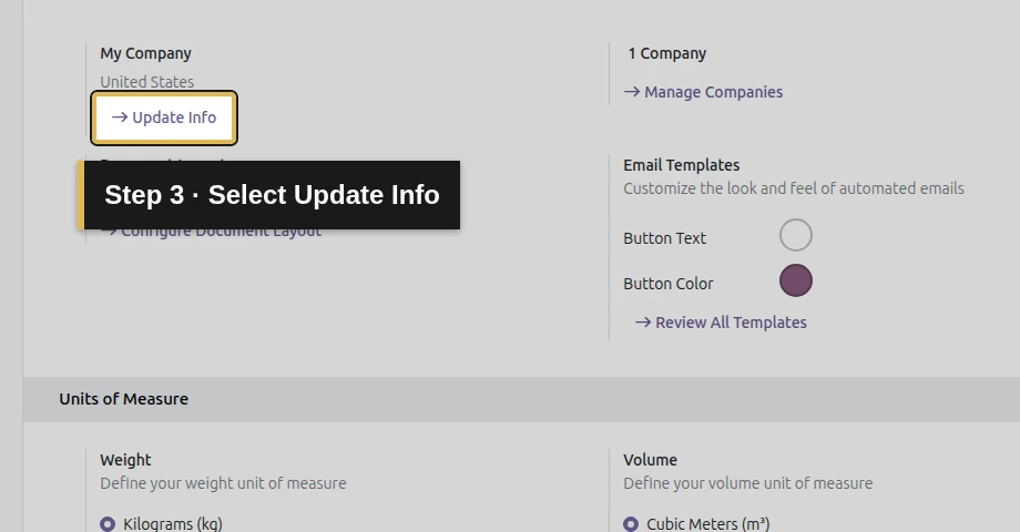 Step 3: Select Update Info. The exact control is outlined in gold.