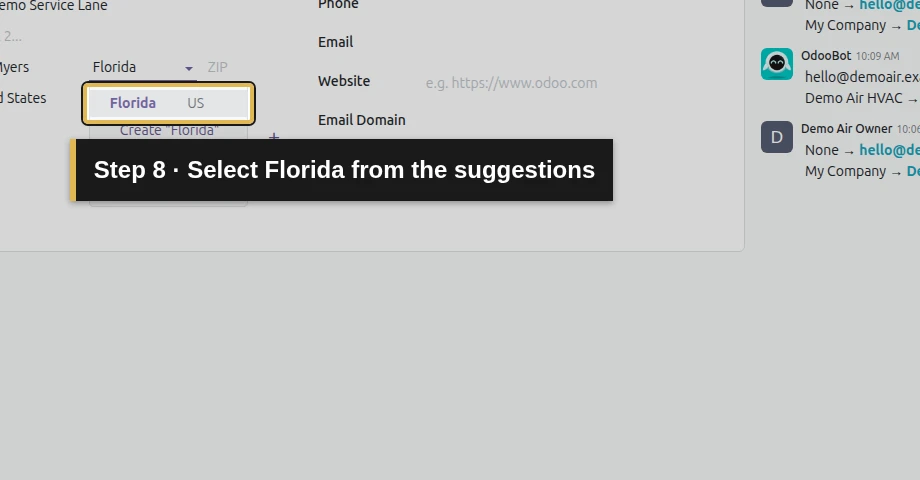 Step 8: Select Florida from the suggestions. The exact control is outlined in gold.