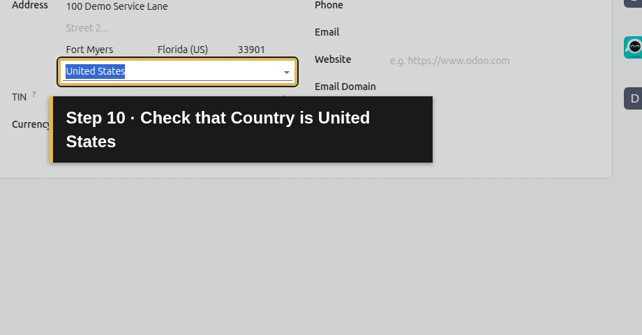 Step 10: Check that Country is United States. The exact control is outlined in gold.