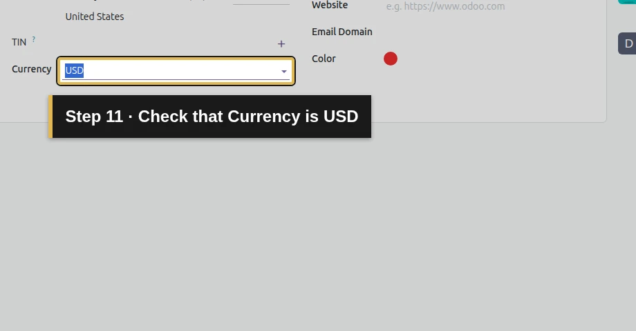 Step 11: Check that Currency is USD. The exact control is outlined in gold.
