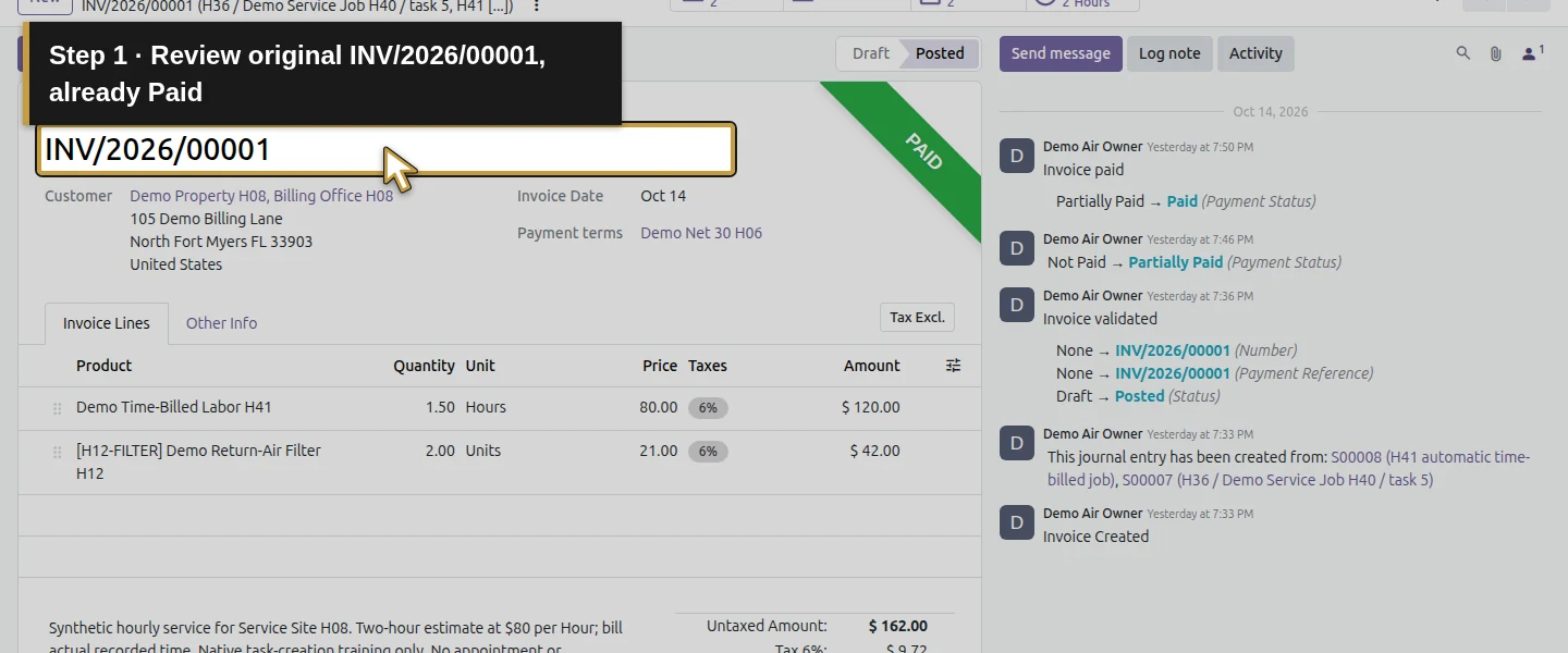 Action 1: Review original INV/2026/00001, already Paid. The actual target is highlighted in gold.