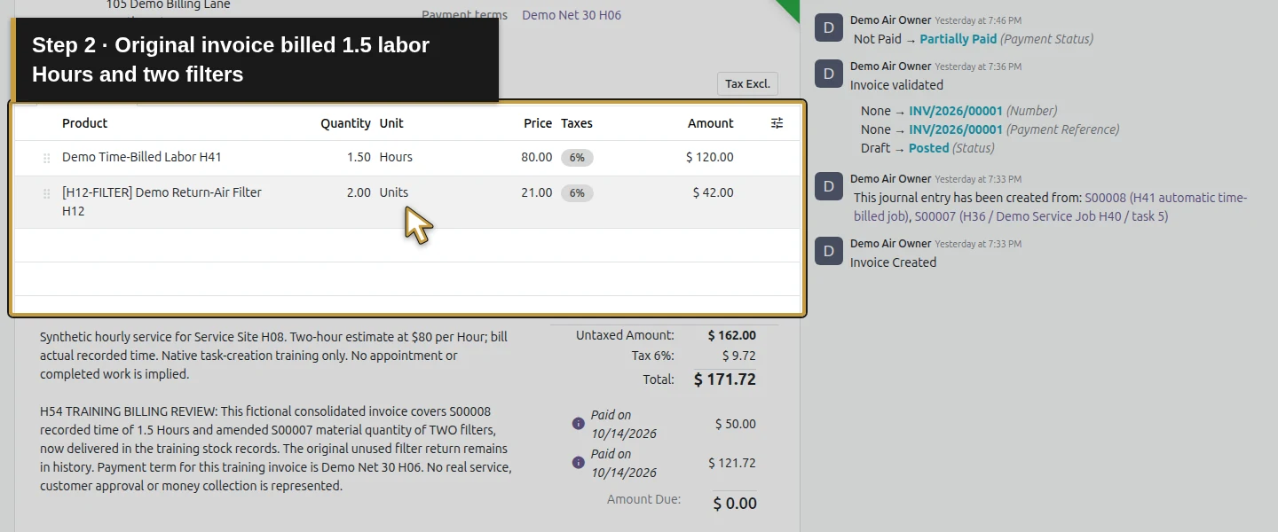 Action 2: Original invoice billed 1.5 labor Hours and two filters. The actual target is highlighted in gold.