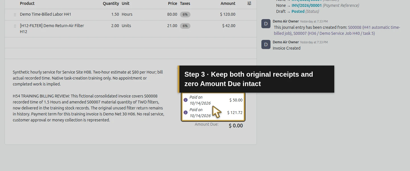 Action 3: Keep both original receipts and zero Amount Due intact. The actual target is highlighted in gold.