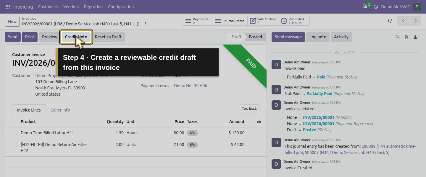 Action 4: Create a reviewable credit draft from this invoice. The actual target is highlighted in gold.