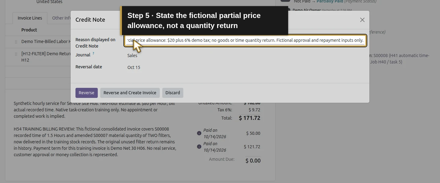 Action 5: State the fictional partial price allowance, not a quantity return. The actual target is highlighted in gold.