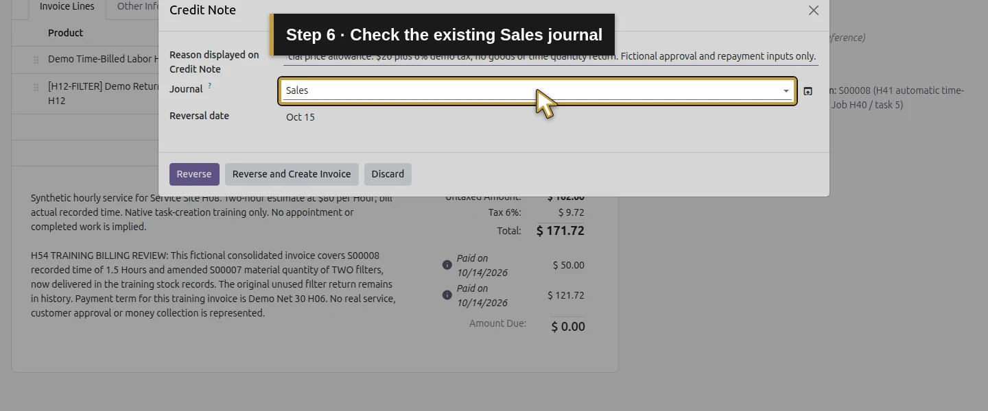 Action 6: Check the existing Sales journal. The actual target is highlighted in gold.