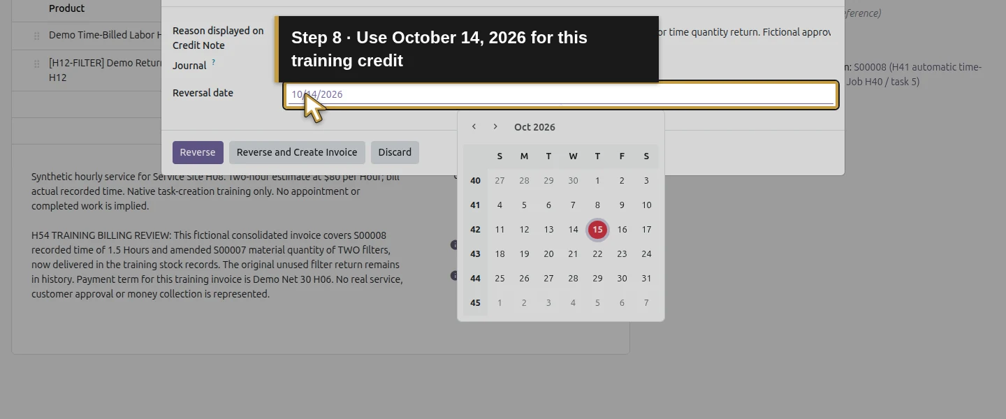 Action 8: Use October 14, 2026 for this training credit. The actual target is highlighted in gold.