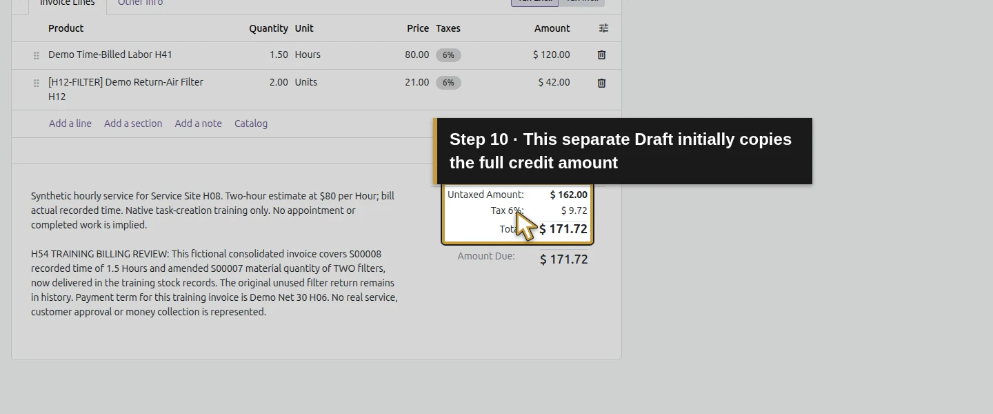 Action 10: This separate Draft initially copies the full credit amount. The actual target is highlighted in gold.