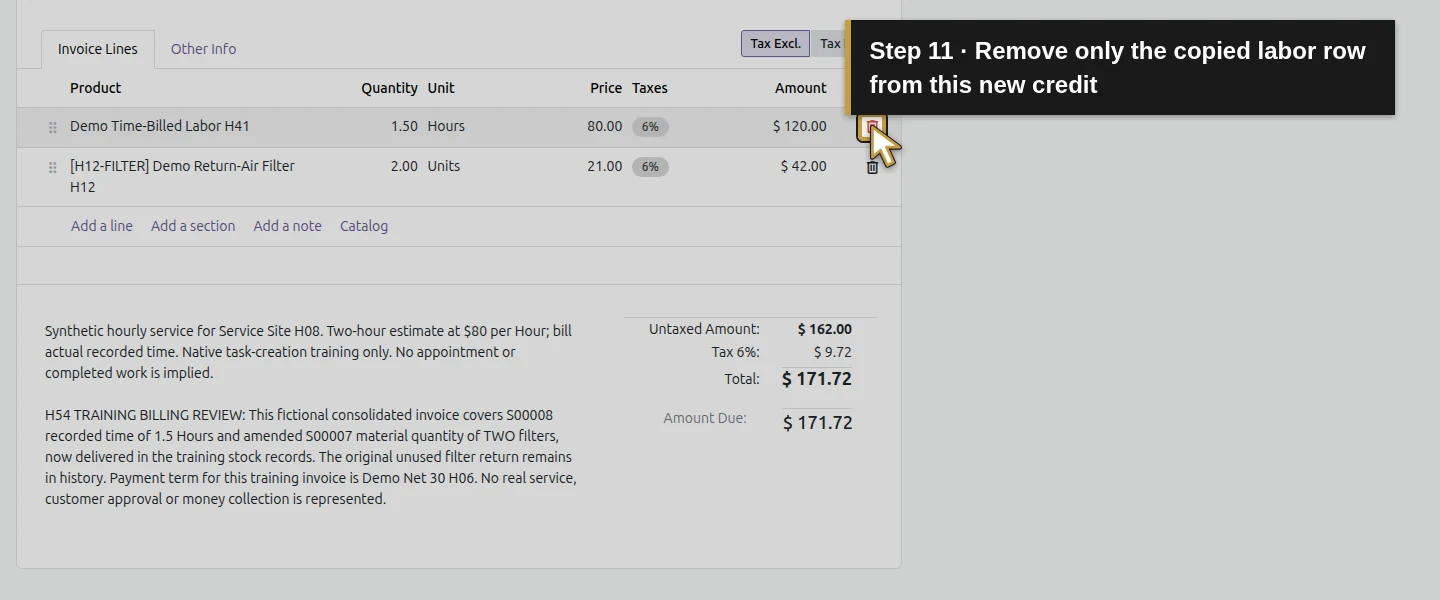 Action 11: Remove only the copied labor row from this new credit. The actual target is highlighted in gold.