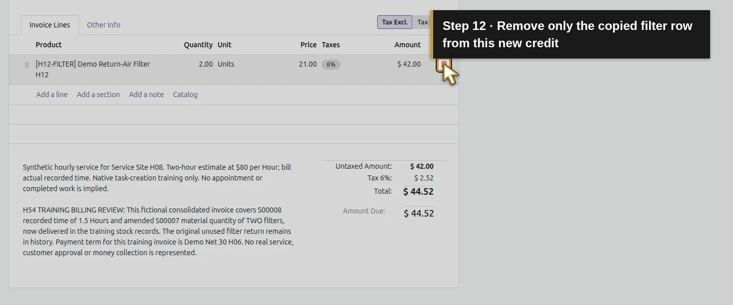 Action 12: Remove only the copied filter row from this new credit. The actual target is highlighted in gold.