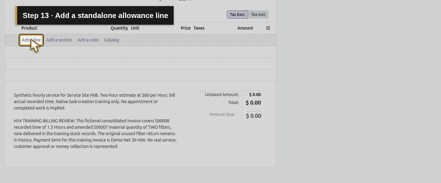 Action 13: Add a standalone allowance line. The actual target is highlighted in gold.