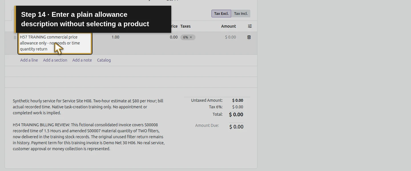 Action 14: Enter a plain allowance description without selecting a product. The actual target is highlighted in gold.