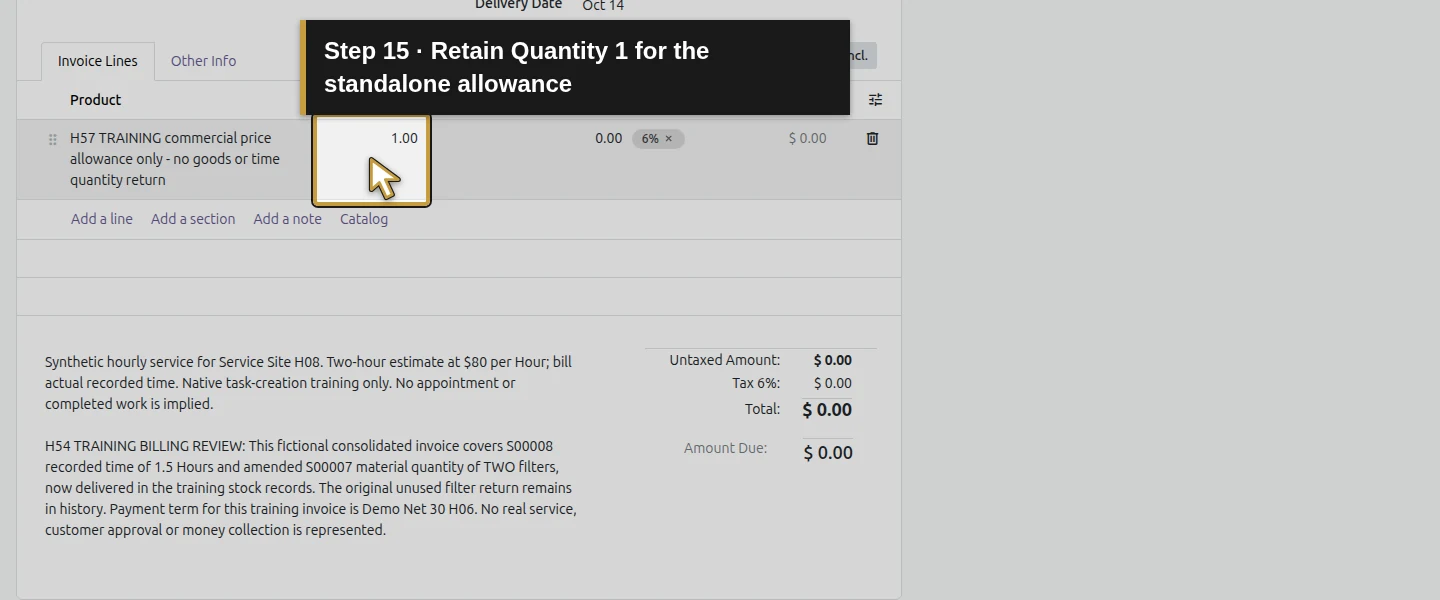 Action 15: Retain Quantity 1 for the standalone allowance. The actual target is highlighted in gold.