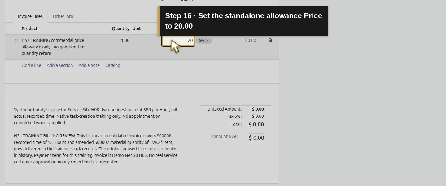 Action 16: Set the standalone allowance Price to 20.00. The actual target is highlighted in gold.