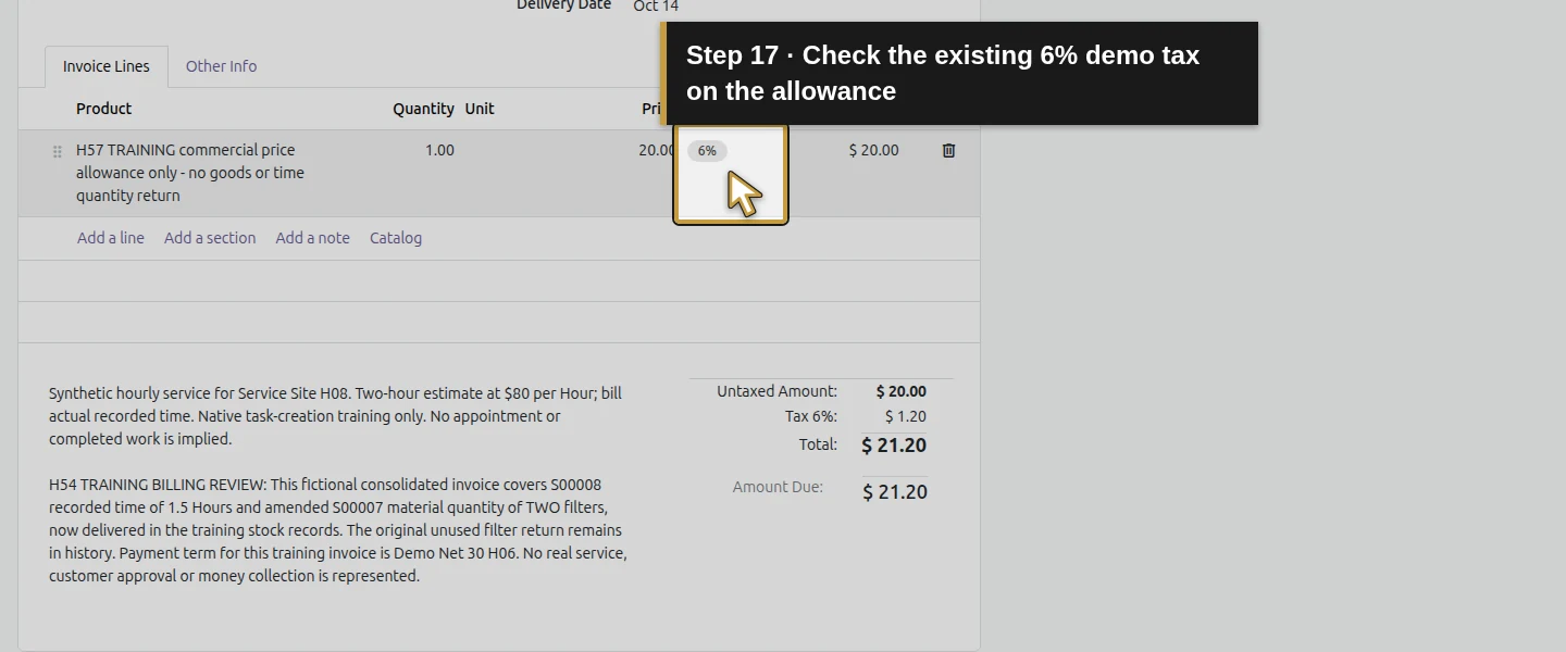 Action 17: Check the existing 6% demo tax on the allowance. The actual target is highlighted in gold.