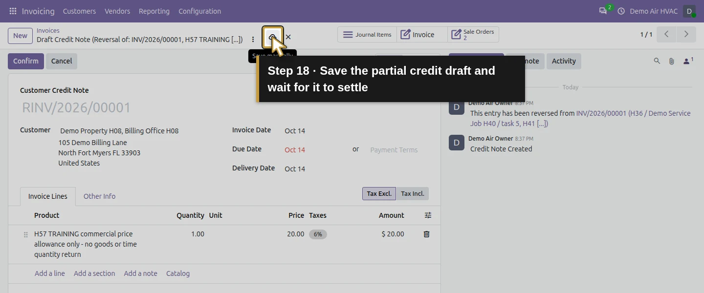 Action 18: Save the partial credit draft and wait for it to settle. The actual target is highlighted in gold.