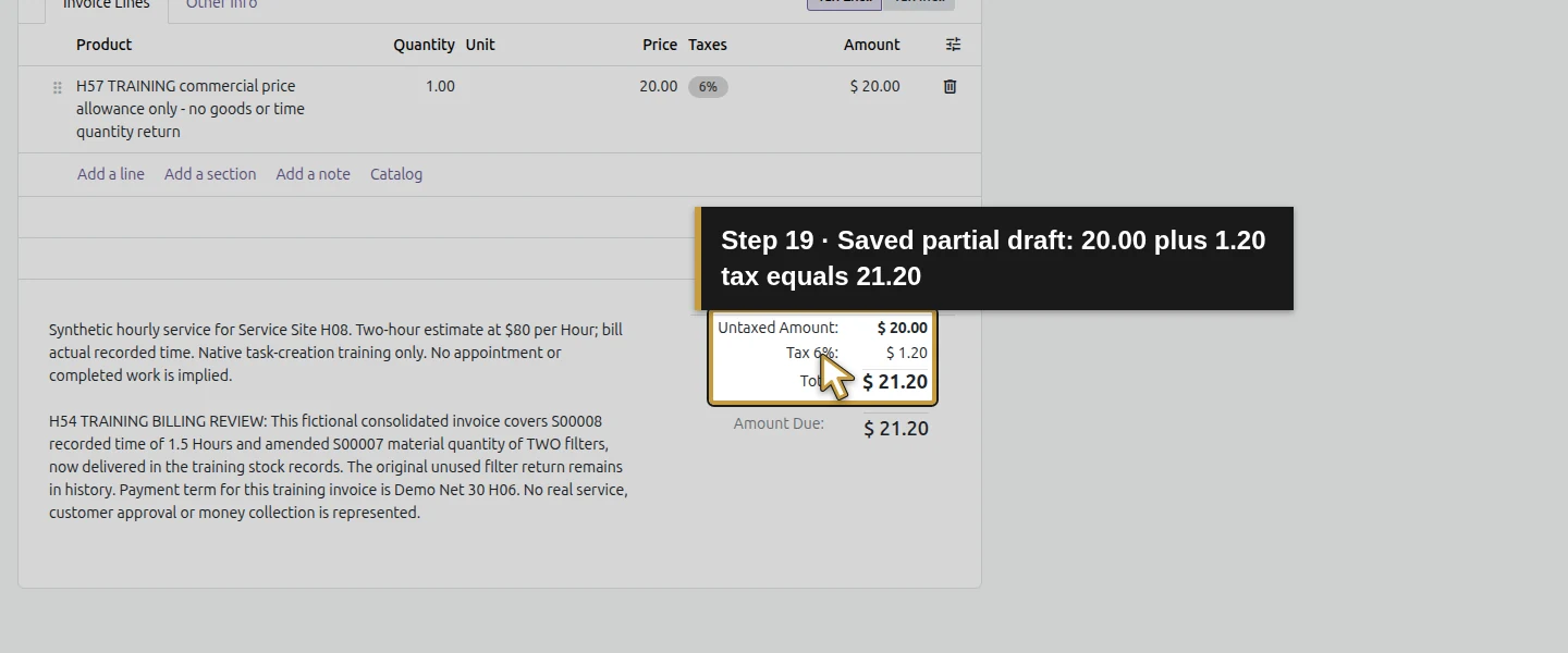 Action 19: Saved partial draft: 20.00 plus 1.20 tax equals 21.20. The actual target is highlighted in gold.