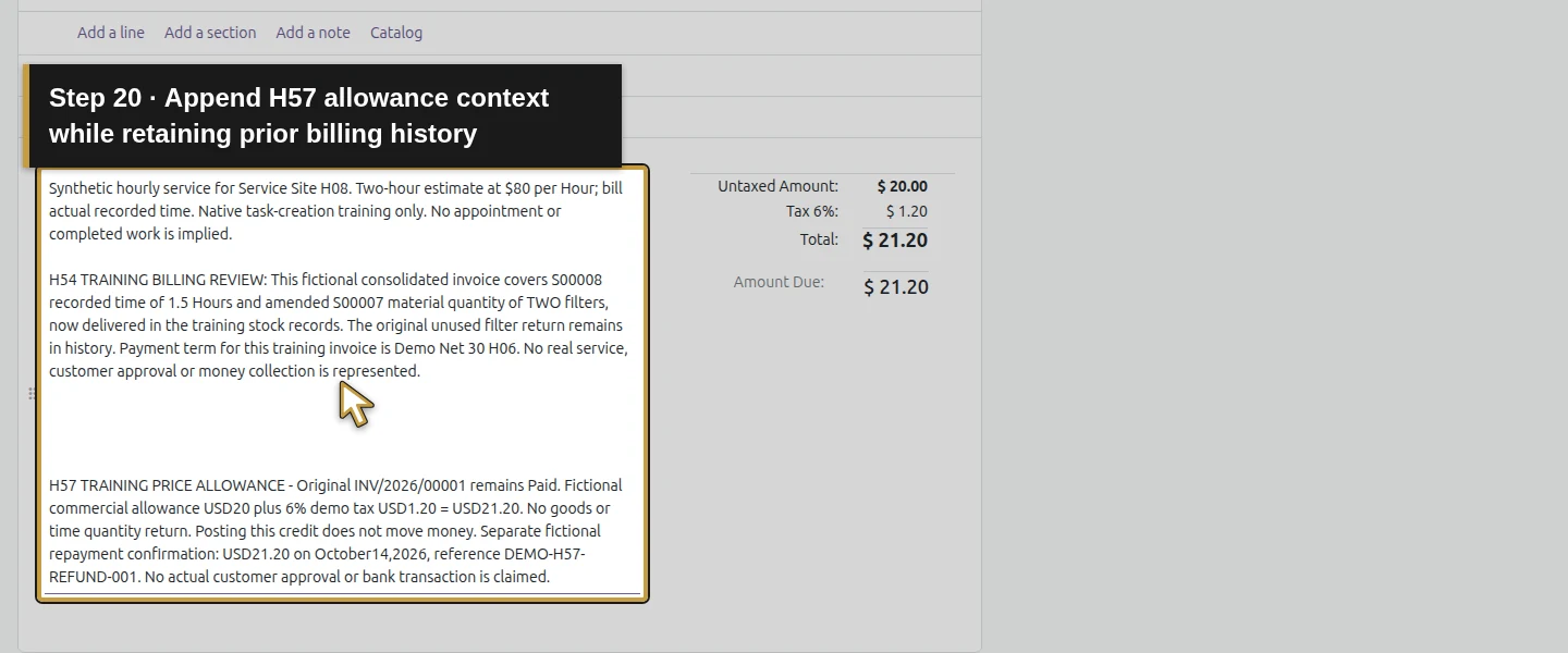 Action 20: Append H57 allowance context while retaining prior billing history. The actual target is highlighted in gold.
