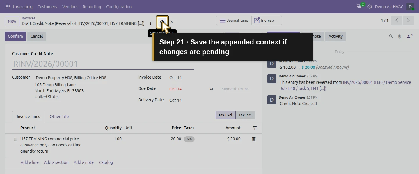 Action 21: Save the appended context if changes are pending. The actual target is highlighted in gold.