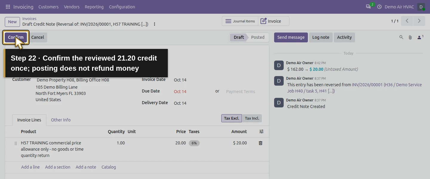 Action 22: Confirm the reviewed 21.20 credit once; posting does not refund money. The actual target is highlighted in gold.
