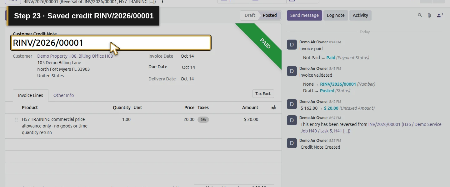 Action 23: Saved credit RINV/2026/00001. The actual target is highlighted in gold.