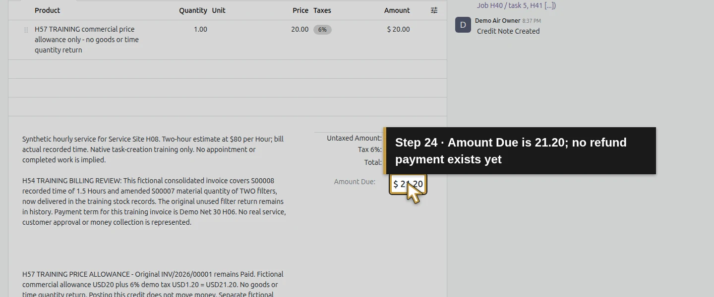 Action 24: Amount Due is 21.20; no refund payment exists yet. The actual target is highlighted in gold.