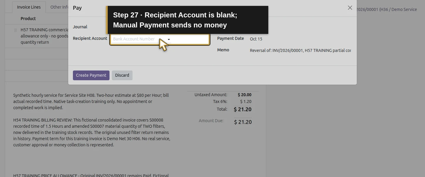 Action 27: Recipient Account is blank; Manual Payment sends no money. The actual target is highlighted in gold.
