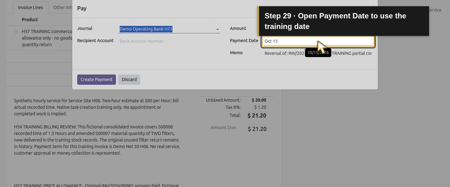 Action 29: Open Payment Date to use the training date. The actual target is highlighted in gold.