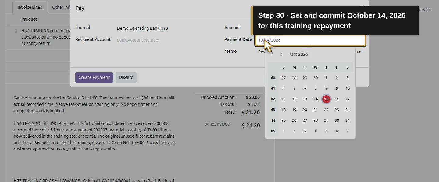 Action 30: Set and commit October 14, 2026 for this training repayment. The actual target is highlighted in gold.