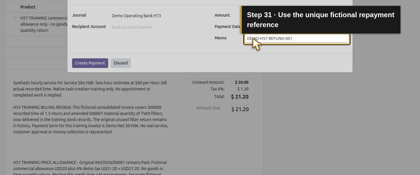 Action 31: Use the unique fictional repayment reference. The actual target is highlighted in gold.