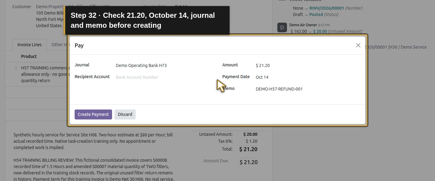 Action 32: Check 21.20, October 14, journal and memo before creating. The actual target is highlighted in gold.
