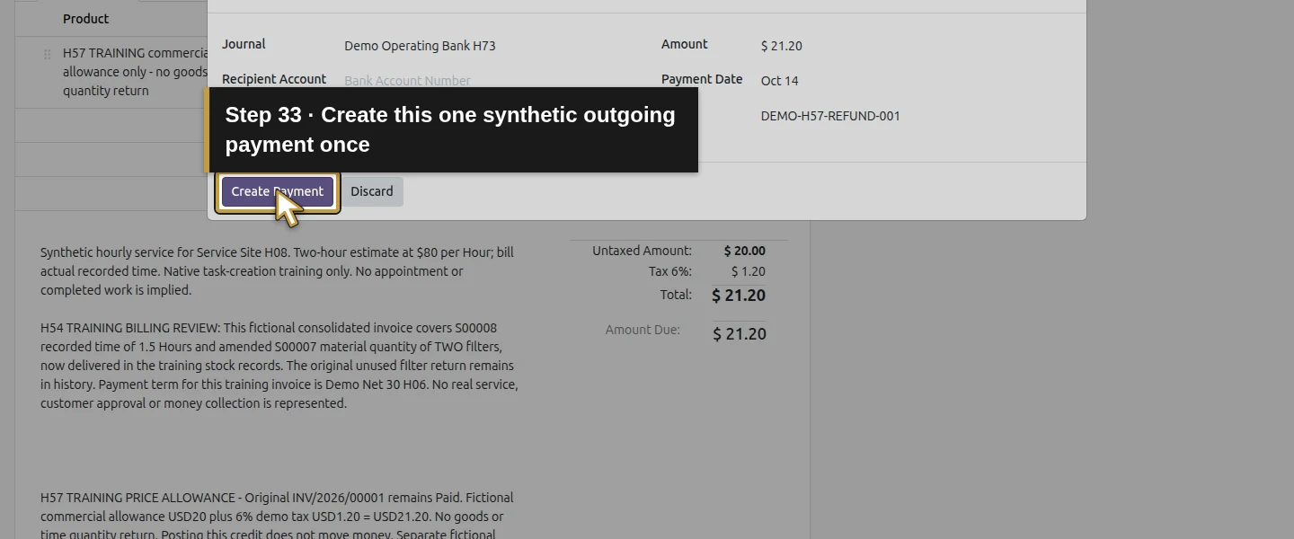 Action 33: Create this one synthetic outgoing payment once. The actual target is highlighted in gold.