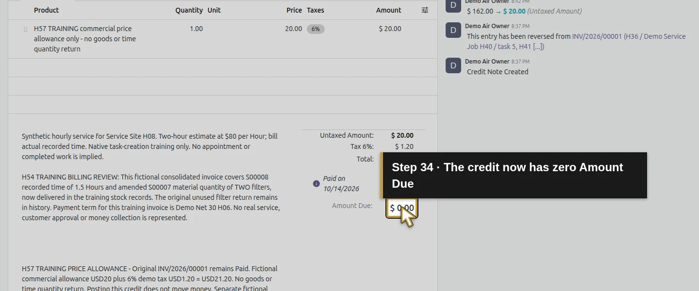 Action 34: The credit now has zero Amount Due. The actual target is highlighted in gold.
