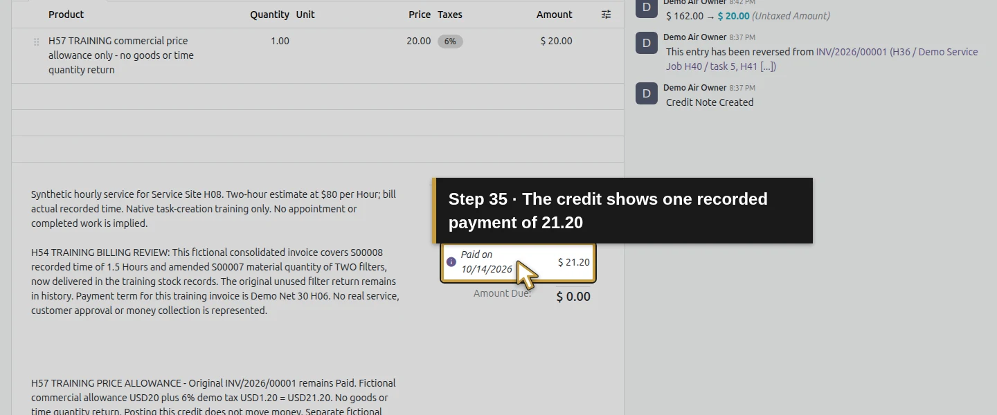 Action 35: The credit shows one recorded payment of 21.20. The actual target is highlighted in gold.