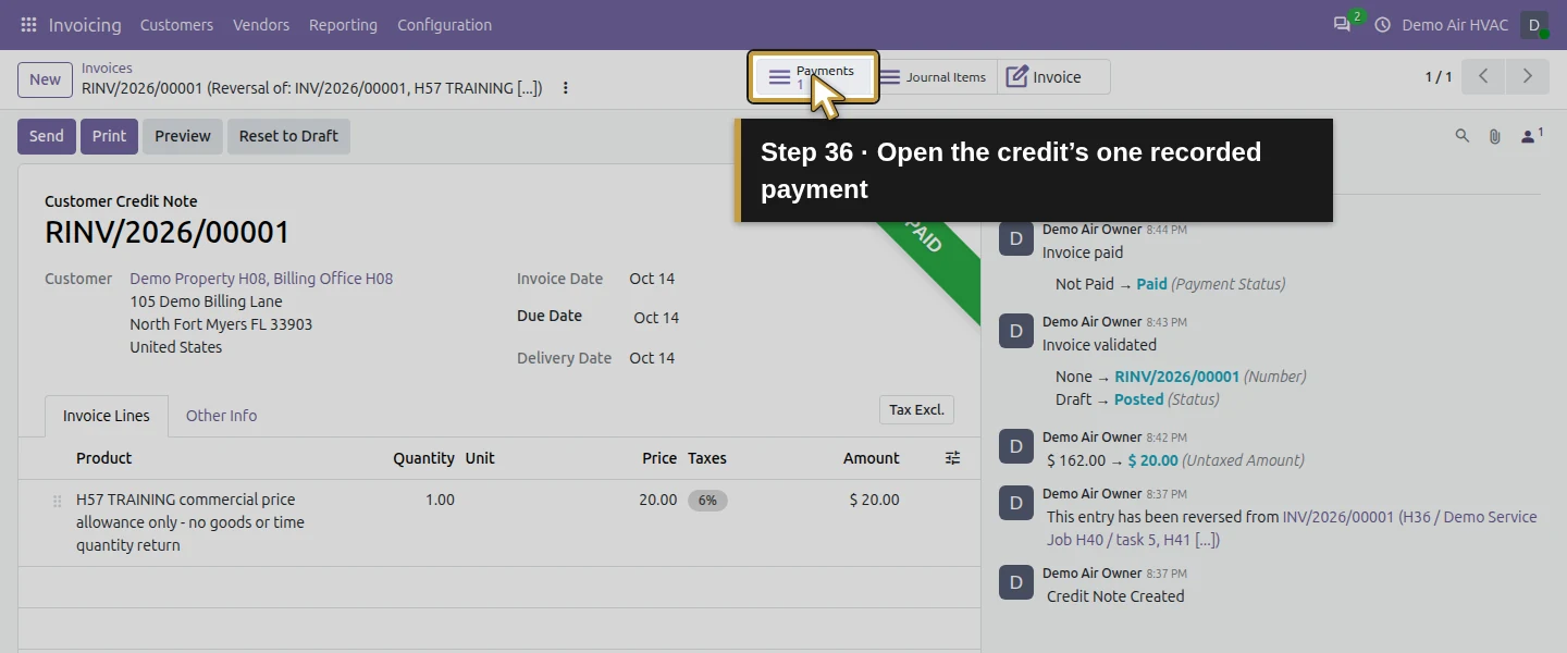 Action 36: Open the credit’s one recorded payment. The actual target is highlighted in gold.
