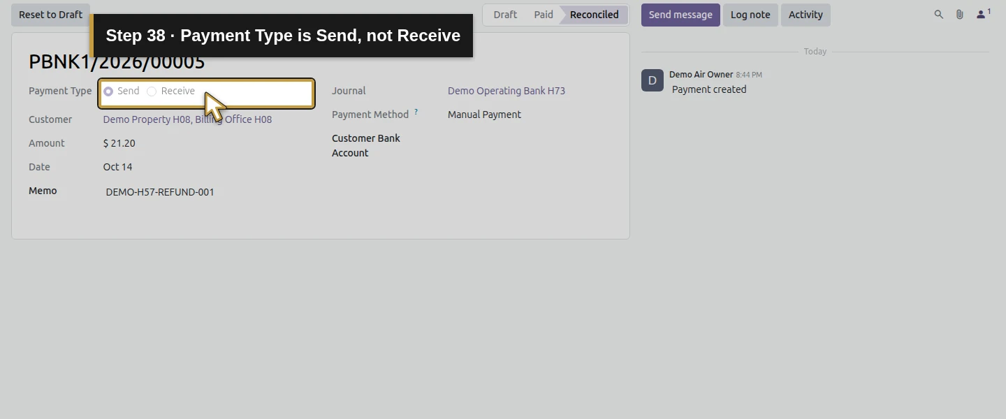 Action 38: Payment Type is Send, not Receive. The actual target is highlighted in gold.