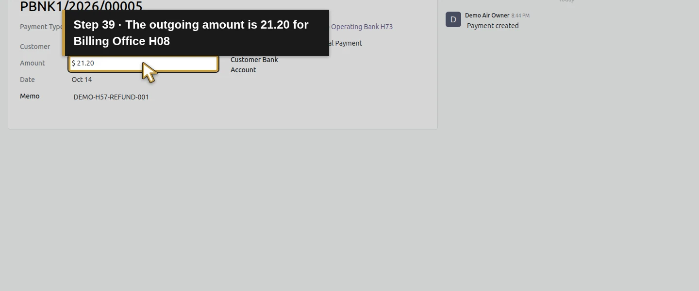 Action 39: The outgoing amount is 21.20 for Billing Office H08. The actual target is highlighted in gold.
