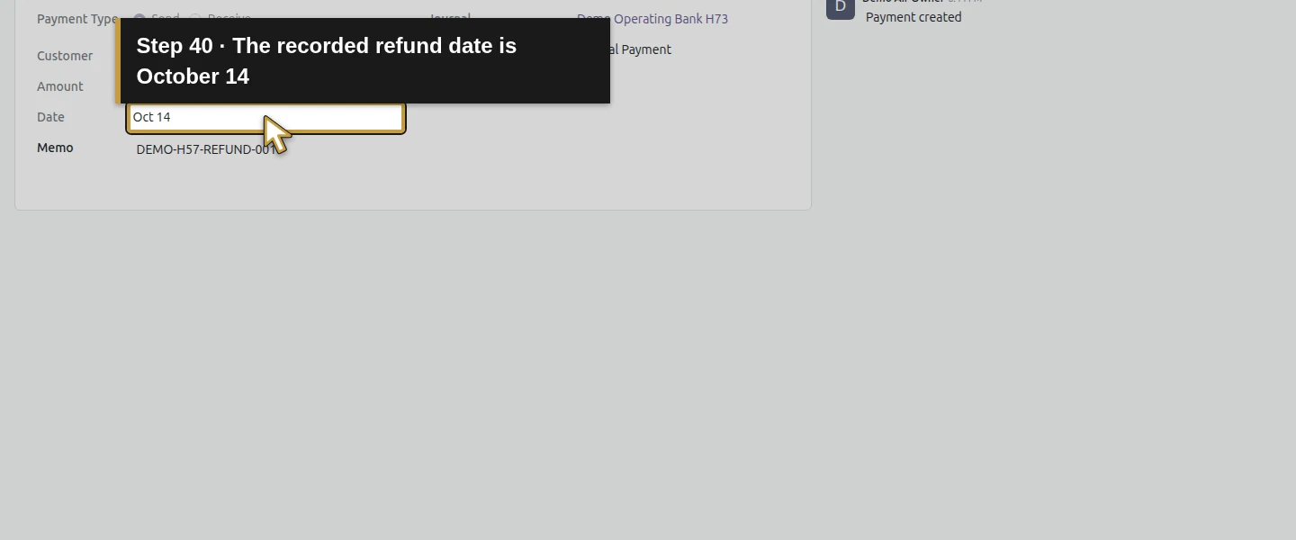 Action 40: The recorded refund date is October 14. The actual target is highlighted in gold.