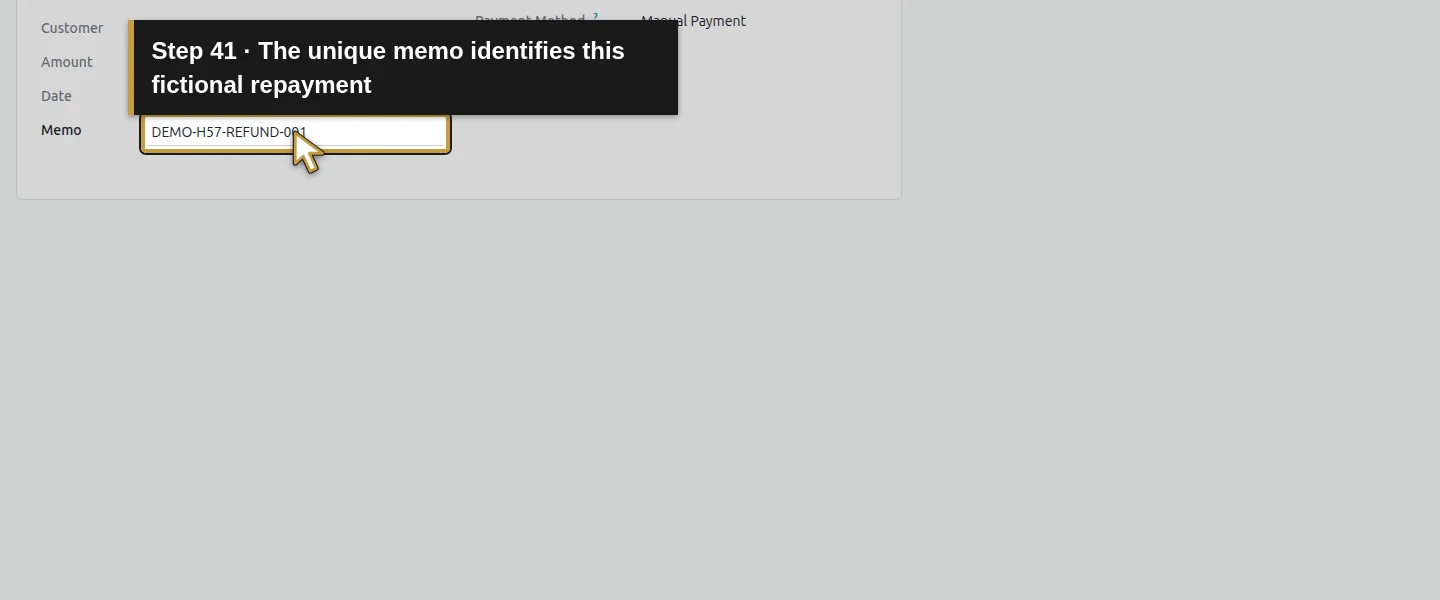 Action 41: The unique memo identifies this fictional repayment. The actual target is highlighted in gold.